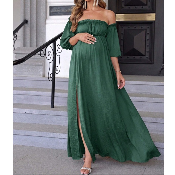 Maternity Off Shoulder 3/4 Sleeve Split Leg Party Occasion Maxi Dress - Picture 2 of 11